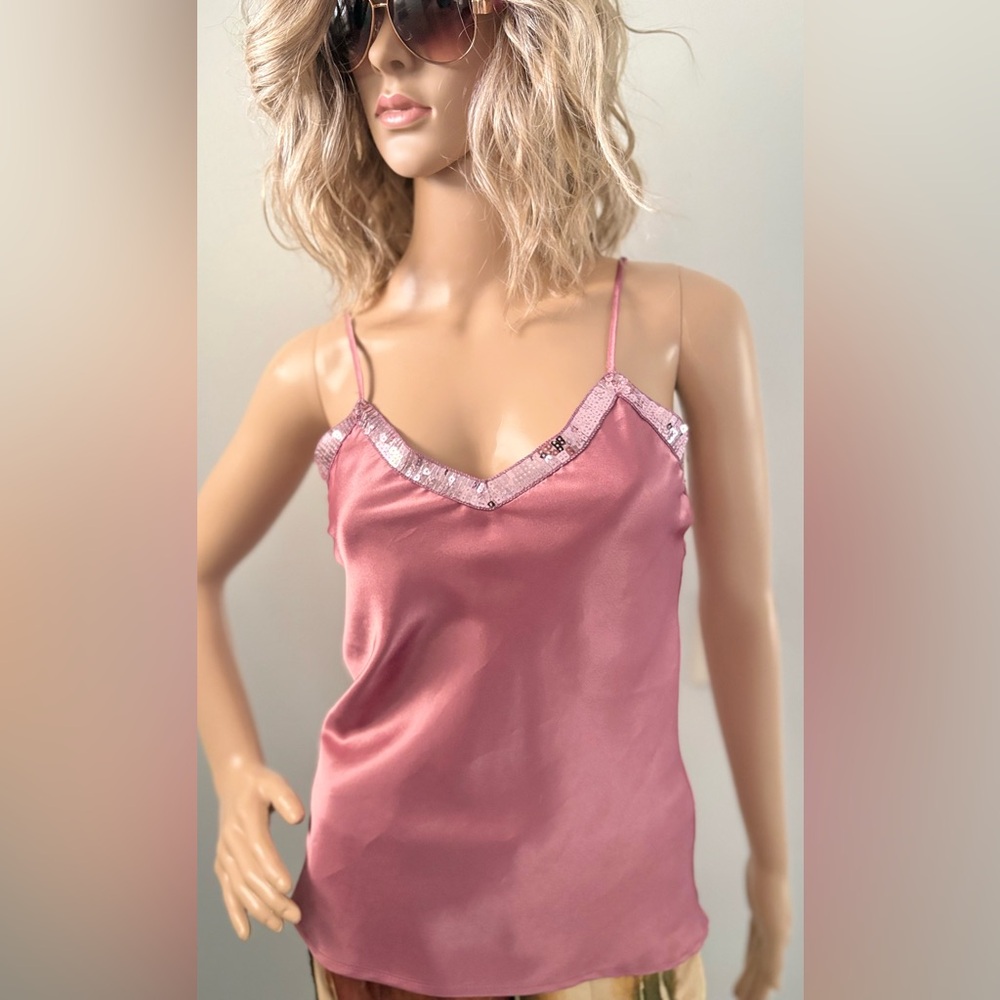 Pepper Mauve Satin Camisole Tank Top Sequin Trim Lightweight Spaghetti Strap S